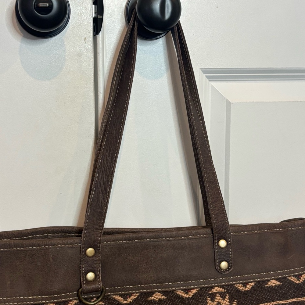 Myra Bag Brick Brown Leather Red Tan Embroidered Cotton Canvas Tote - Picture 4 of 11